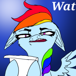 Size: 1730x1730 | Tagged: source needed, useless source url, safe, artist:brainiac, rainbow dash, pony, g4, expression, faic, female, floppy ears, funny face, icon, meme, reaction image, solo, wat