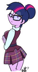 Size: 2071x3872 | Tagged: safe, artist:befishproductions, sci-twi, twilight sparkle, equestria girls, g4, adorkable, breasts, clothes, cute, dork, female, glasses, high res, looking at you, looking back, nervous, school uniform, signature, simple background, skirt, solo, transparent background, twiabetes, vest