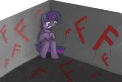 Size: 1049x705 | Tagged: safe, artist:genbulein, twilight sparkle, pony, g4, atychiphobia, f, failure, fear, female, insanity, solo, twilight snapple, wall writing