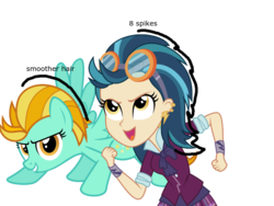 Size: 800x600 | Tagged: safe, indigo zap, lightning dust, pegasus, pony, equestria girls, g4, clothes, comparison, crystal prep academy uniform, duo, duo female, female, goggles, mare, open mouth, school uniform, simple background, spread wings, transparent background, wings