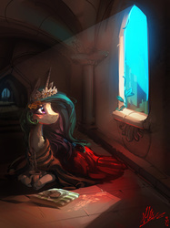 Size: 3799x5067 | Tagged: safe, artist:alumx, princess celestia, alicorn, pony, g4, absurd resolution, blanket, blushing, bread, castle, city, clothes, coffee, cup, cute, cutelestia, dress, featured image, female, floral head wreath, flower, flower in hair, food, hat, looking up, mare, morning ponies, plate, prone, signature, smiling, solo, sunlight, sunrise, toast, window