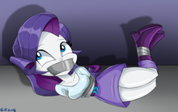 Size: 1032x653 | Tagged: safe, artist:gaggeddude32, rarity, human, equestria girls, g4, bondage, boots, boots bondage, breasts, busty rarity, clothes, commission, duct tape, female, gag, jackpot, kidnapped, skirt, solo, tape gag, thighs, wrapped up