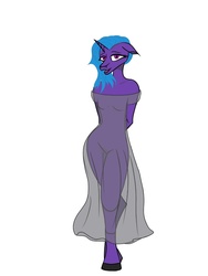 Size: 960x1280 | Tagged: safe, artist:weelkha, oc, oc only, unicorn, anthro, unguligrade anthro, clothes, dress, female, looking at you, mare, see-through, solo, talking, unshorn fetlocks
