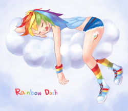 Size: 1772x1535 | Tagged: safe, artist:amy30535, rainbow dash, human, g4, clothes, cloud, converse, female, humanized, midriff, on a cloud, open mouth, rainbow socks, shoes, shorts, sleeping, sleeping on a cloud, sneakers, snoring, socks, solo, striped socks, winged humanization, wristband