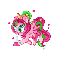 Size: 1200x1200 | Tagged: safe, artist:ipun, oc, oc only, oc:precious metal, pegasus, pony, blushing, bow, female, flask, goggles, hair bow, heart, heart eyes, mare, simple background, solo, transparent background, wingding eyes