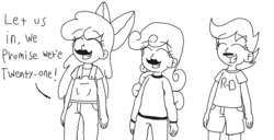 Size: 1600x817 | Tagged: safe, artist:sauruss, apple bloom, scootaloo, sweetie belle, human, g4, blatant lies, cutie mark crusaders, dialogue, humanized, monochrome, moustache, obvious lie is obvious, seems legit, sketch, smiling
