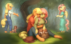 Size: 2920x1812 | Tagged: safe, artist:audrarius, applejack, fluttershy, winona, bird, anthro, unguligrade anthro, g4, blushing, breasts, clothes, colored pupils, cute, daaaaaaaaaaaw, dress, eyes closed, female, flashback, floppy ears, forest, hug, hug from behind, implied tail hole, jeans, lesbian, lidded eyes, looking down, overalls, pants, petting, scenery, ship:appleshy, shipping, shirt, sweater, sweatershy, tongue out, younger