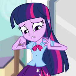 Size: 620x620 | Tagged: safe, screencap, twilight sparkle, equestria girls, g4, blouse, bowtie, clothes, cropped, female, looking at self, looking down, pleated skirt, puffy sleeves, skirt, solo, teenager