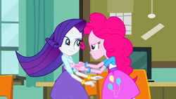 Size: 1280x720 | Tagged: safe, screencap, pinkie pie, rarity, equestria girls, g4, my little pony equestria girls, animation error, balloon, bracelet, clothes, jewelry, skirt