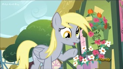 Size: 1920x1080 | Tagged: safe, screencap, derpy hooves, pegasus, pony, g4, slice of life (episode), discovery family logo, female, mare, raised hoof, solo