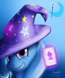 Size: 1000x1200 | Tagged: safe, artist:misiekpl, trixie, pony, unicorn, g4, card, female, looking at you, magic, mare, signature, solo, trixie's hat
