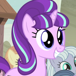 Size: 606x606 | Tagged: safe, screencap, dusk drift, starlight glimmer, pony, unicorn, g4, season 5, the cutie map, cute, equalized, equalized mane, face, female, glimmerbetes, grin, mare, puppy dog eyes, s5 starlight, smiling, solo focus, squee, when she smiles, wide eyes