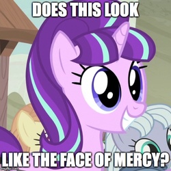 Size: 500x500 | Tagged: safe, edit, edited screencap, screencap, dusk drift, starlight glimmer, pegasus, pony, unicorn, g4, the cutie map, cute, equalized, equalized mane, face of mercy, female, glimmerbetes, image macro, mare, meme, s5 starlight, smiling, solo focus, when she smiles