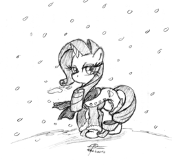 Size: 1848x1784 | Tagged: safe, artist:leadhooves, rarity, pony, unicorn, g4, clothes, female, mare, monochrome, scarf, snow, snowfall, solo, traditional art