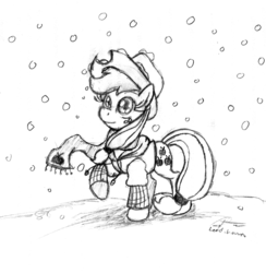 Size: 1648x1688 | Tagged: safe, artist:leadhooves, applejack, earth pony, pony, g4, clothes, female, mare, monochrome, raised hoof, scarf, snow, snowfall, solo, winter