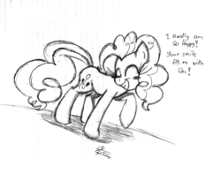 Size: 2360x1864 | Tagged: safe, artist:leadhooves, pinkie pie, earth pony, pony, g4, female, mare, monochrome, smile song, solo, text, traditional art