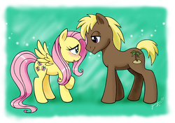 Size: 3054x2152 | Tagged: safe, artist:chibi-jen-hen, coco crusoe, fluttershy, earth pony, pegasus, pony, g4, blushing, crusoshy, duo, female, food, hilarious in hindsight, male, mare, shipping, stallion, straight