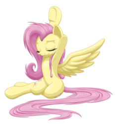 Size: 2720x2880 | Tagged: safe, artist:ohemo, fluttershy, pegasus, pony, g4, adorasexy, armpits, both cutie marks, cute, eyes closed, female, high res, mare, sexy, shyabetes, simple background, sitting, smiling, solo, stretching, transparent background, underhoof