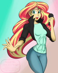 Size: 2400x3000 | Tagged: safe, artist:7los7, sunset shimmer, equestria girls, g4, abs, female, high res, microphone, solo, tight clothing, vacuum sealed clothing