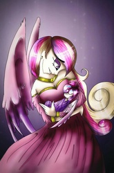 Size: 800x1212 | Tagged: safe, artist:mayamermaid, princess cadance, princess flurry heart, human, g4, baby, baby blanket, baby flurry heart, blanket, breasts, busty princess cadance, child, cleavage, clothes, cradling, cradling a baby, daughter, dress, ear piercing, female, holding a baby, horn, horned humanization, humanized, mama cadence, mother, mother and child, mother and daughter, piercing, sleeping baby, swaddled, swaddled baby, winged humanization, wings