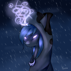 Size: 1600x1600 | Tagged: safe, artist:unforgivxn, princess luna, spirit of hearth's warming yet to come, g4, cloak, clothes, female, glowing eyes, magic, snow, snowfall, solo