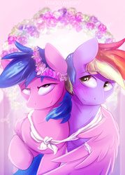 Size: 603x840 | Tagged: safe, artist:tangomangoes, firefly, rainbow blaze, g1, g4, cross-generational shipping, female, floral head wreath, flower, g1 to g4, generation leap, male, mare, ship:fireblaze, shipping, smiling, spread wings, stallion, straight, wings