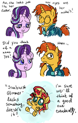 Size: 1096x1720 | Tagged: safe, artist:vree, starlight glimmer, sunburst, sunset shimmer, pony, unicorn, g4, baby, baby pony, babyset shimmer, comic, cute, daaaaaaaaaaaw, eyes closed, fanon, female, filly, foal, glasses, headcanon, hnnng, implied time travel, male, mare, raised hoof, shimmerbetes, ship:starburst, shipping, sketch, straight, sunset shimmer is starlight glimmer's daughter, time paradox, younger