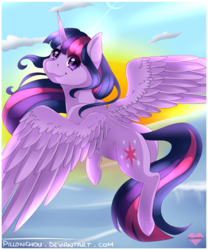 Size: 1500x1804 | Tagged: safe, artist:pillonchou, twilight sparkle, alicorn, pony, g4, butt, cloud, cute, female, flying, looking back, plot, sky, solo, sun, twiabetes, twilight sparkle (alicorn)