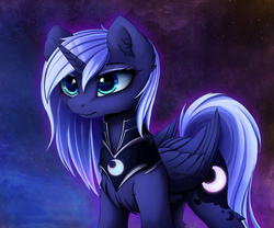 Size: 2200x1833 | Tagged: safe, artist:magnaluna, princess luna, alicorn, pony, g4, alternate hairstyle, bedroom eyes, chest fluff, female, filly, mare, night, solo, woona