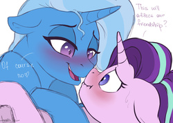 Size: 1024x731 | Tagged: safe, artist:scorpion-89, starlight glimmer, trixie, pony, unicorn, g4, boop, dialogue, female, lesbian, mare, noseboop, scrunchy face, ship:startrix, shipping