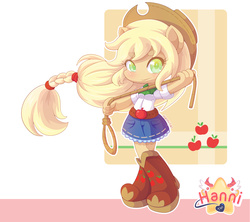 Size: 3096x2755 | Tagged: safe, artist:hanni-tan, applejack, equestria girls, g4, blushing, boots, chibi, clothes, cowboy hat, cute, denim skirt, female, hat, high res, jackabetes, lasso, ponied up, rope, skirt, solo, stetson
