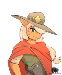 Size: 981x1189 | Tagged: safe, artist:sugarlesspaints, edit, applejack, anthro, g4, cheek fluff, clothes, costume, cropped, crossover, cute, eyebrows, eyebrows visible through hair, female, hair over one eye, hat, jackabetes, jesse mccree, looking at you, mccreejack, overwatch, poncho, questionable source, simple background, solo, white background