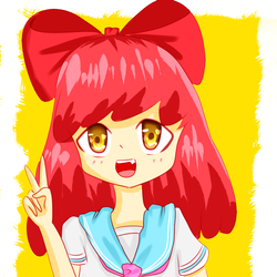 Size: 1024x1024 | Tagged: safe, artist:39miruku, apple bloom, human, g4, adorabloom, cute, female, humanized, open mouth, peace sign, solo