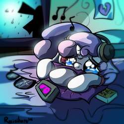 Size: 1600x1600 | Tagged: safe, artist:rainihorn, sweetie belle, g4, crying, cute, diasweetes, female, headphones, music notes, sad, solo