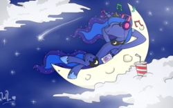 Size: 1748x1092 | Tagged: safe, artist:whitelie, princess luna, g4, cloud, comet, crescent moon, ethereal mane, female, headphones, moon, mp3 player, music notes, on back, soda, solo, starry mane, stars, tangible heavenly object, transparent moon