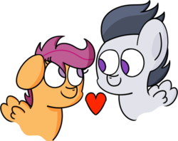 Size: 1248x988 | Tagged: safe, artist:pastelhorses, rumble, scootaloo, g4, female, heart, male, ship:rumbloo, shipping, straight