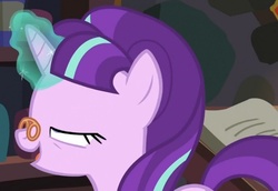 Size: 691x476 | Tagged: safe, screencap, snowfall frost, starlight glimmer, pony, a hearth's warming tail, g4, cropped, euphoric, female, glasses, invisible stallion, magic, mare, out of context, solo, telekinesis