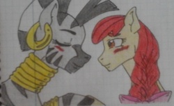 Size: 1147x701 | Tagged: safe, artist:tejedora, apple bloom, zecora, zebra, g4, blushing, bow, crayon drawing, cute, female, graph paper, hair bow, lesbian, lined paper, older, shipping, simple background, traditional art, white background, zecobloom