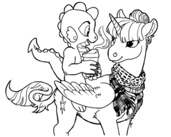 Size: 1280x1024 | Tagged: safe, artist:spectralunicorn, spike, twilight sparkle, alicorn, classical unicorn, dragon, pony, g4, alternate hairstyle, black and white, clothes, coffee, cup, dragons riding ponies, duo, female, grayscale, hair bun, horn, keffiyeh, leonine tail, male, mare, monochrome, riding, scarf, simple background, smiling, spike riding twilight, twilight sparkle (alicorn), white background