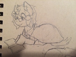 Size: 1200x900 | Tagged: safe, artist:mai-corgi, oc, oc only, book, curved horn, glasses, horn, monochrome, offspring, parent:king sombra, parent:trixie, parents:trixbra, solo, traditional art