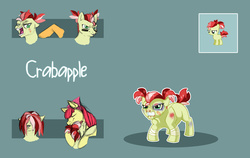 Size: 3537x2235 | Tagged: safe, artist:vindhov, apple bloom, oc, oc:crabapple, g4, band-aid, black eye, blood, bruised, bucktooth, female, filly, high res, offspring, parent:apple bloom, parent:carrot crunch, parents:crunchbloom, pigtails, simple background, teal background