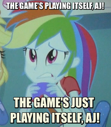 Size: 407x465 | Tagged: safe, applejack, rainbow dash, equestria girls, g4, my little pony equestria girls: rainbow rocks, caption, final fantasy, final fantasy xiii, final hallway xiii, image macro, jontron, text, video game