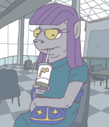 Size: 1232x1438 | Tagged: safe, artist:grinwild, maud pie, earth pony, anthro, g4, drinking, female, glasses, sitting, solo