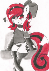 Size: 1468x2126 | Tagged: safe, artist:lmlstaticdash, oc, oc only, oc:lilith, clothes, collar, fangs, gloves, latex, latex gloves, latex socks, looking at you, shirt, sitting, socks, solo, traditional art, wink