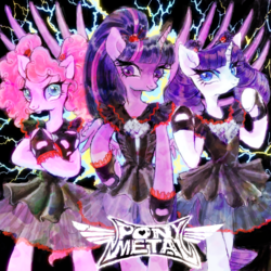 Size: 600x600 | Tagged: safe, artist:onofuji, pinkie pie, rarity, twilight sparkle, alicorn, pony, semi-anthro, g4, babymetal, clothes, pony metal, twilight sparkle (alicorn)