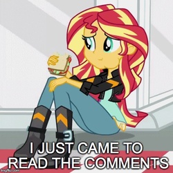 Size: 480x480 | Tagged: safe, edit, edited screencap, screencap, sunset shimmer, equestria girls, g4, my little pony equestria girls: friendship games, eating, female, food, i just came to read the comments, image macro, meme, reaction image, sandwich, solo