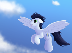 Size: 1349x1000 | Tagged: safe, artist:redquoz, soarin', pony, g4, backwards cutie mark, cloud, flying, happy, male, sky, solo, spread wings