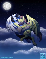 Size: 981x1280 | Tagged: safe, artist:shrineheart, oc, oc only, oc:glace plume, oc:rory kenneigh, classical hippogriff, hippogriff, pegasus, pony, cloud, female, flying, glaceigh, hug, kissing, male, moon, night, shipping, stars, straight, wings