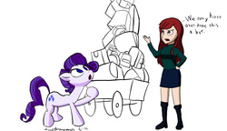 Size: 1300x750 | Tagged: safe, artist:davidbore, rarity, human, unicorn, g4, clothes, crossover, duo, erza scarlett, fairy tail, female, luggage, luggage cart, mare, missing horn, skirt