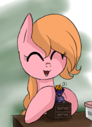 Size: 343x473 | Tagged: safe, artist:epicsquirrelgirl, oc, oc only, oc:ellison pippin, oc:star bright, earth pony, pony, unicorn, :3, bipedal, clothes, crossdressing, doll, dress, dressup, eyes closed, female, furniture, helpless, male, mare, micro, open mouth, playing, size difference, smiling, solo, stallion, tiny, tiny ponies, toy, unamused, unwilling